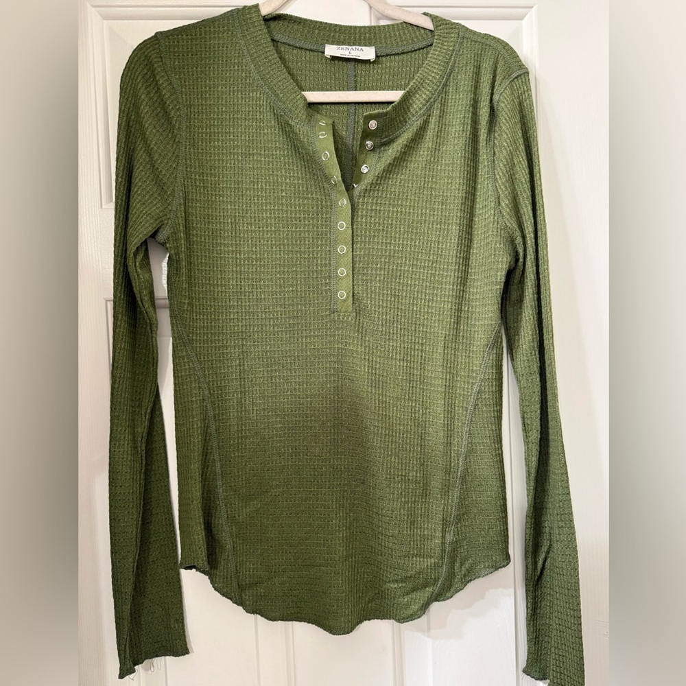 Zenana Outfitters Olive Long Sleeve Waffle Knit Top